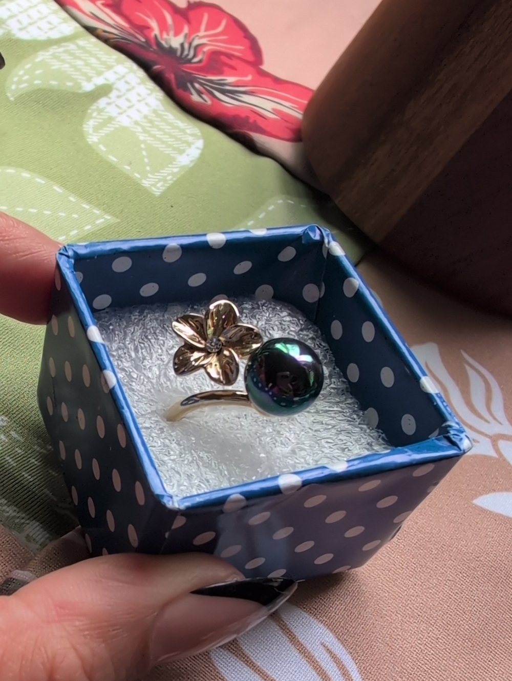 Adjustable gold filled Hawaiian plumeria & Faux pearl ring